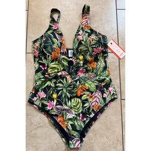 Sofia Vergara One Piece Swimsuit Women XL Black Rain Forest Tropical Jungle NEW